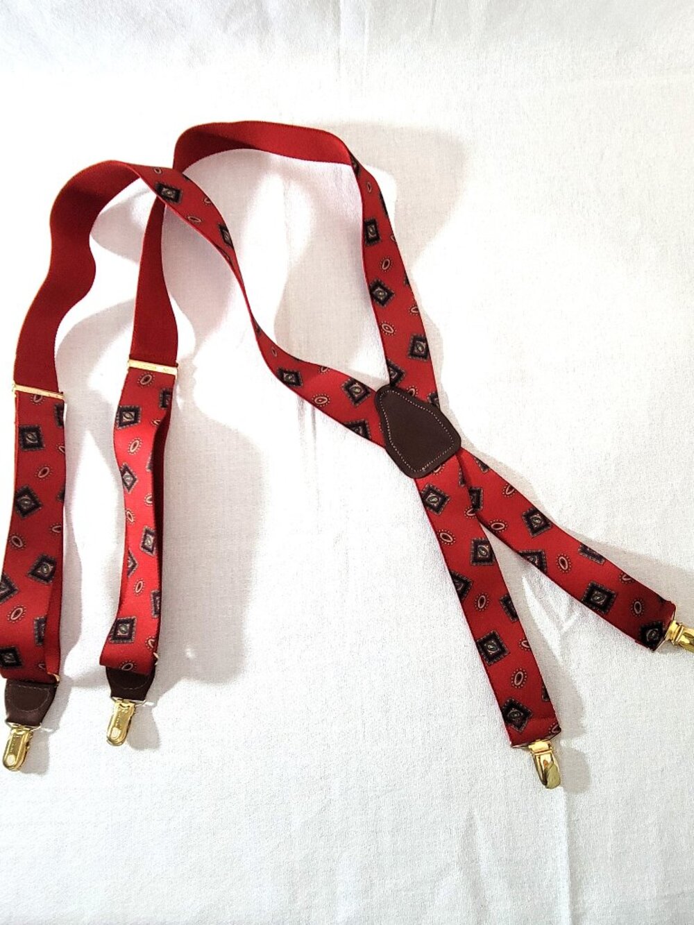 Vintage CAS Germany Red Paisley Suspenders Braces Brass Hardware Adjustable